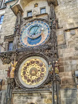 Prague Astronomical Clock with its medieval astronomical dial and golden zodiac calendar on the Old Town Hall