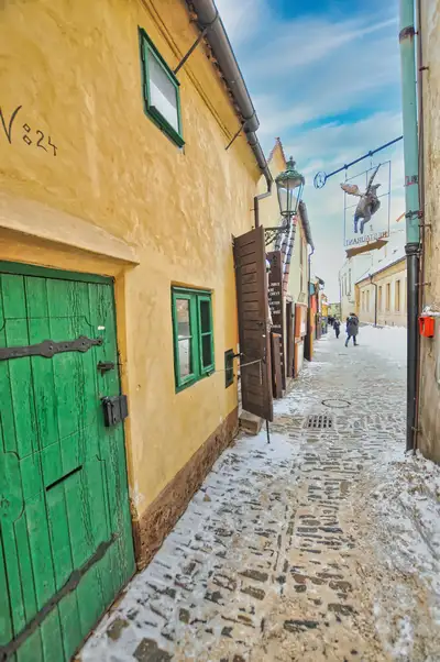 Golden Lane inside Prague Castle with its small painted cottages