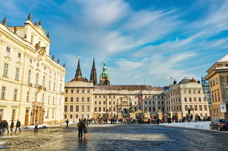 Hradcany Square in front of Prague Castle with St. Vitus Cathedral behind