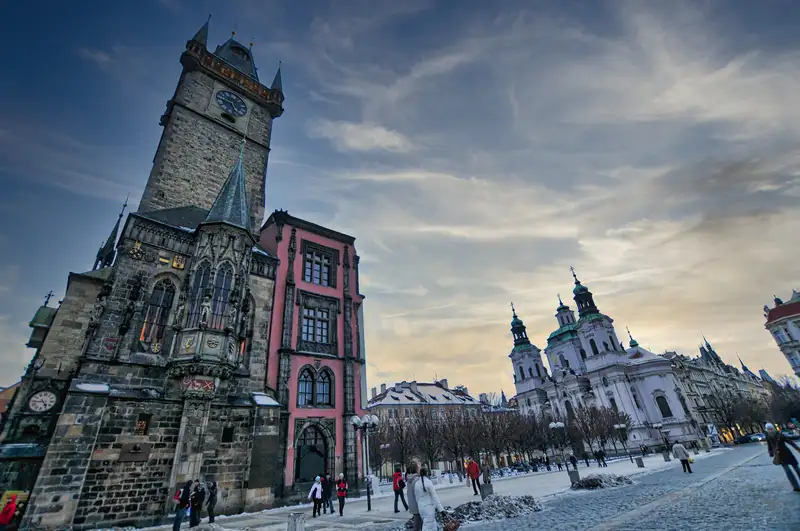 Old Town Square in Prague with its medieval clock tower
