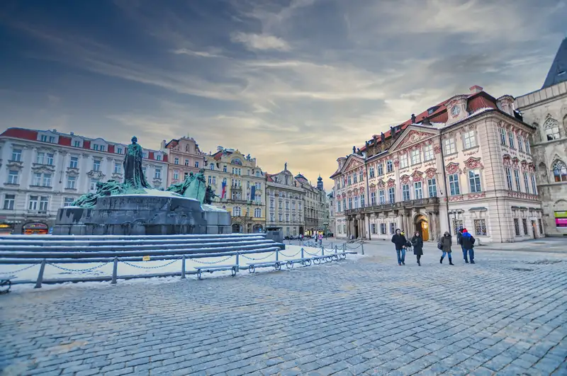 Jan Hus Memorial and Kinsky Palace in Old Town Square, Prague