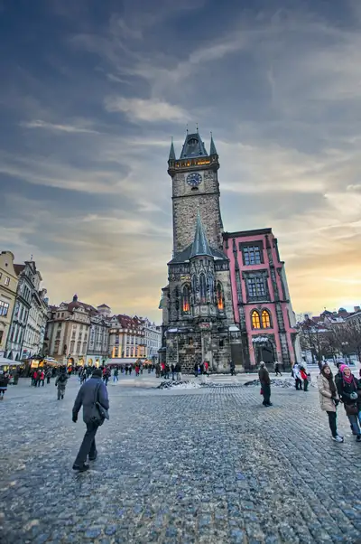 he gothic tower and baroque church of Prague's Old Town Square