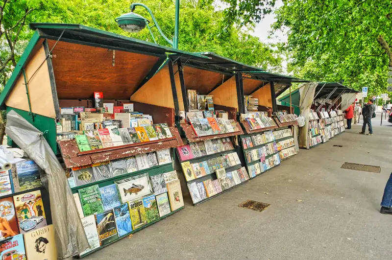 The green book stalls of the bouquinistes along the Seine in Paris