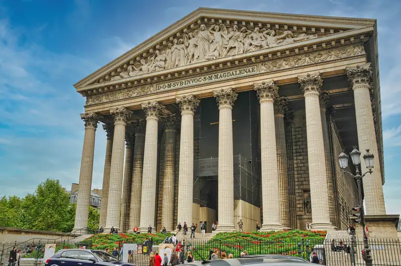 The tall columns of La Madeleine church in Paris