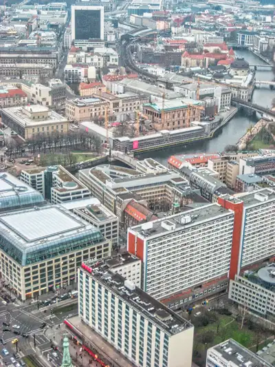 The rooftops of Mitte and the river seen from high above Alexanderplatz