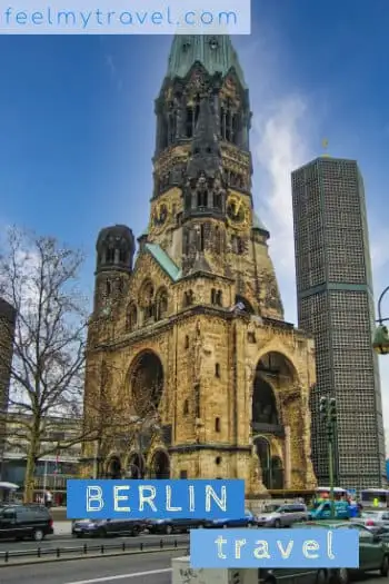 Ruined tower of the Kaiser Wilhelm Memorial Church beside its modern belfry in West Berlin