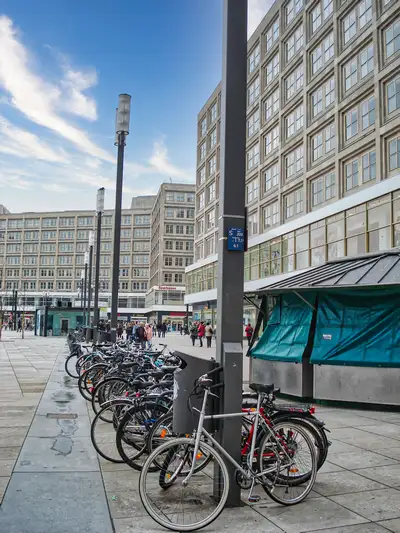 Bicycles parked along Alexanderplatz in central Berlin