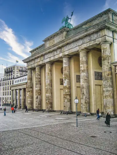 Angled view of the Brandenburg Gate columns from Pariser Platz in Berlin