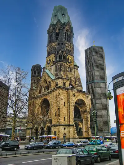 The ruined tower of the Kaiser Wilhelm Memorial Church at Breitscheidplatz in West Berlin