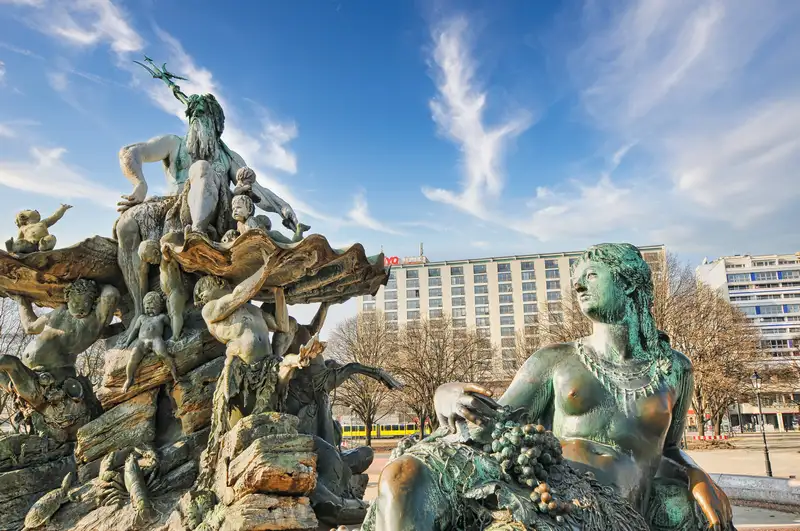Bronze figures of the Neptune Fountain near Alexanderplatz in central Berlin