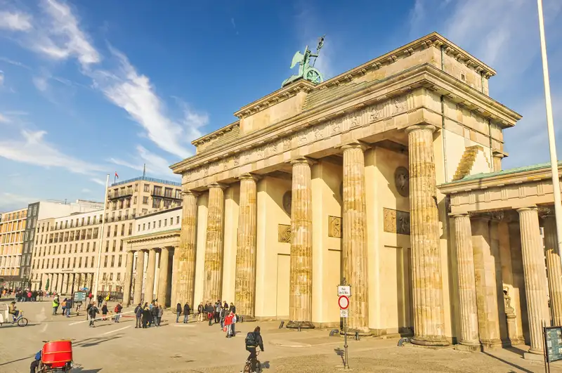 Angled view of the Brandenburg Gate columns from Pariser Platz in Berlin