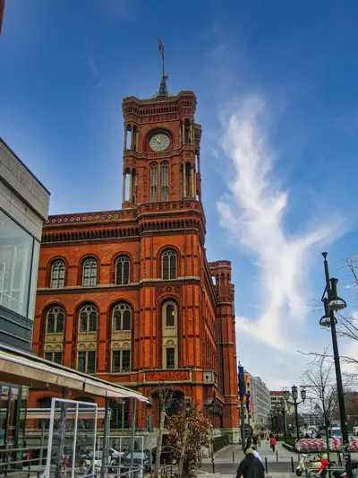 The red brick clock tower of the Rotes Rathaus in central Berlin