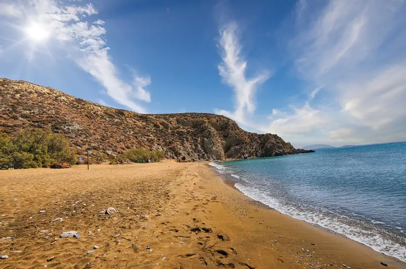 Kleisidi beach in Anafi with golden sand and crystal clear Aegean waters near the port