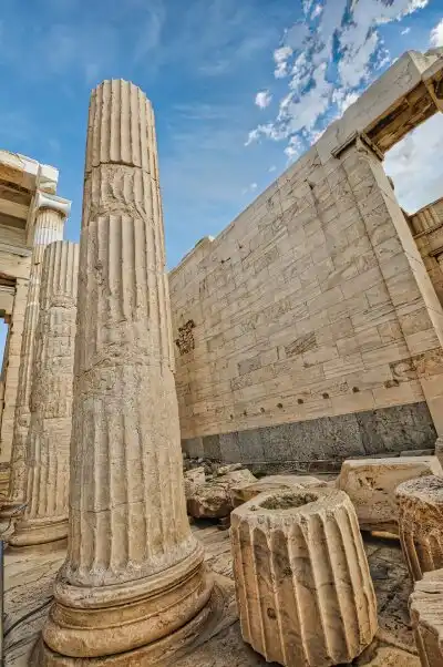 Ionic marble columns inside the Propylaea of Acropolis Athens showing classical architectural details