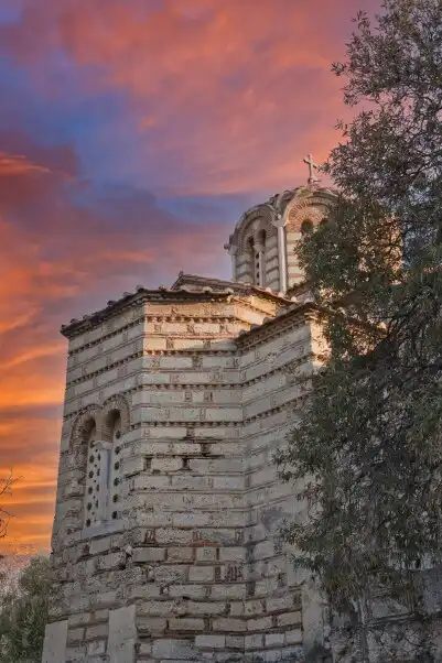 Church of the Holy Apostles in the Ancient Agora of Athens during a colorful sunset