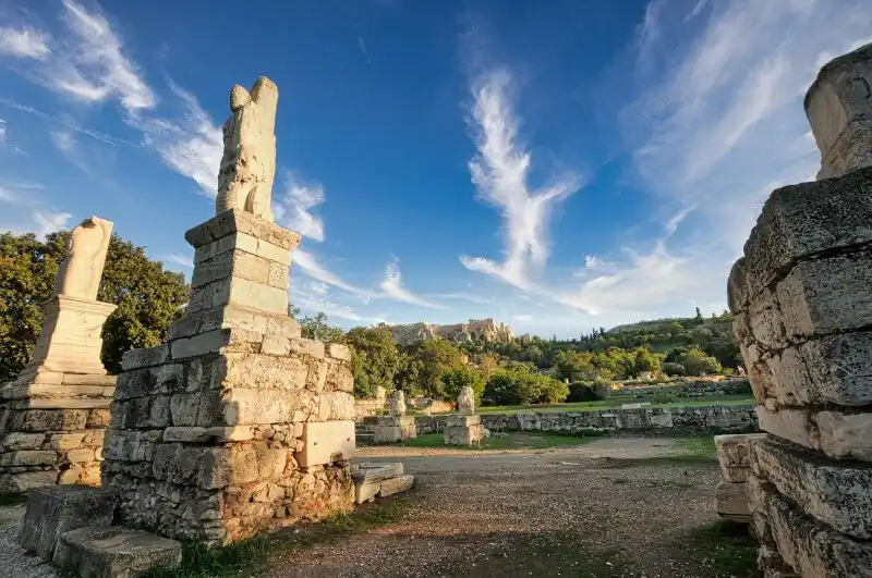 Ruins of the Odeon of Agrippa in the Ancient Agora with the Acropolis in the background