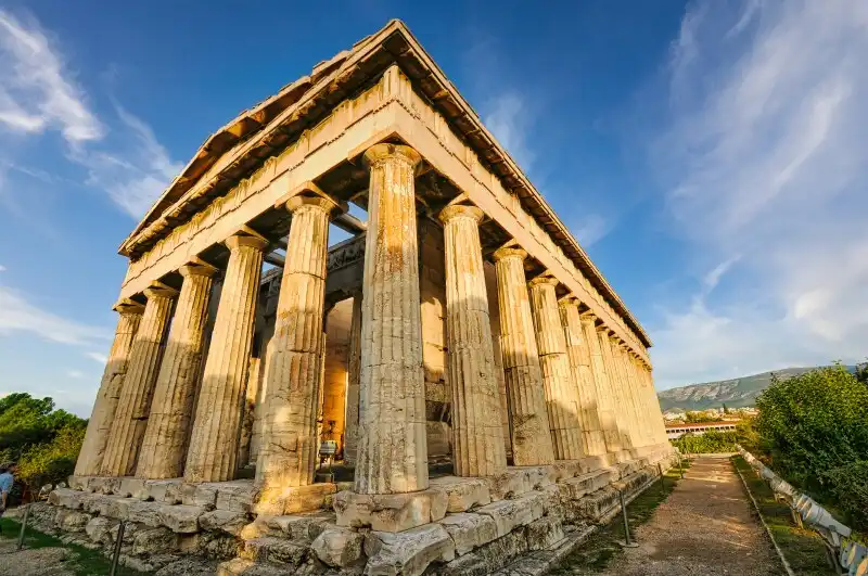 Temple of Hephaestus viewed from the corner during golden hour