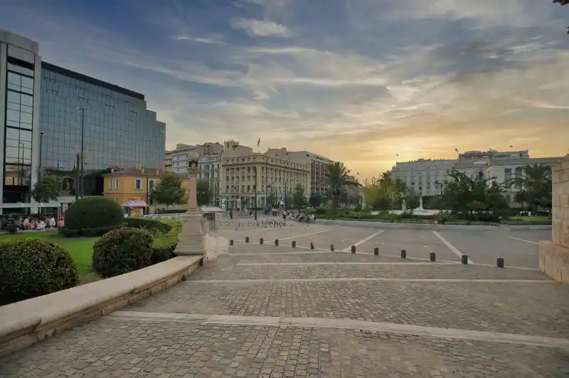 View from the steps of the Athenian Trilogy looking out toward the city center of Athens