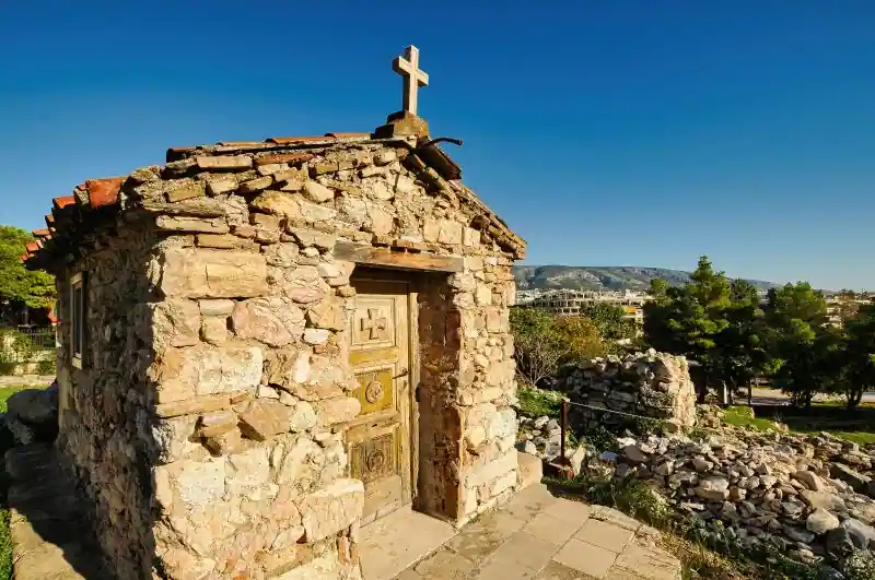 old stone chapel Acropolis Athens near Theatre of Dionysus historic church Greece