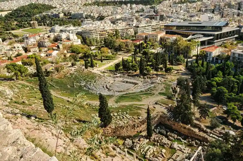 Theatre of Dionysus panoramic view Athens city Acropolis museum landscape Greece