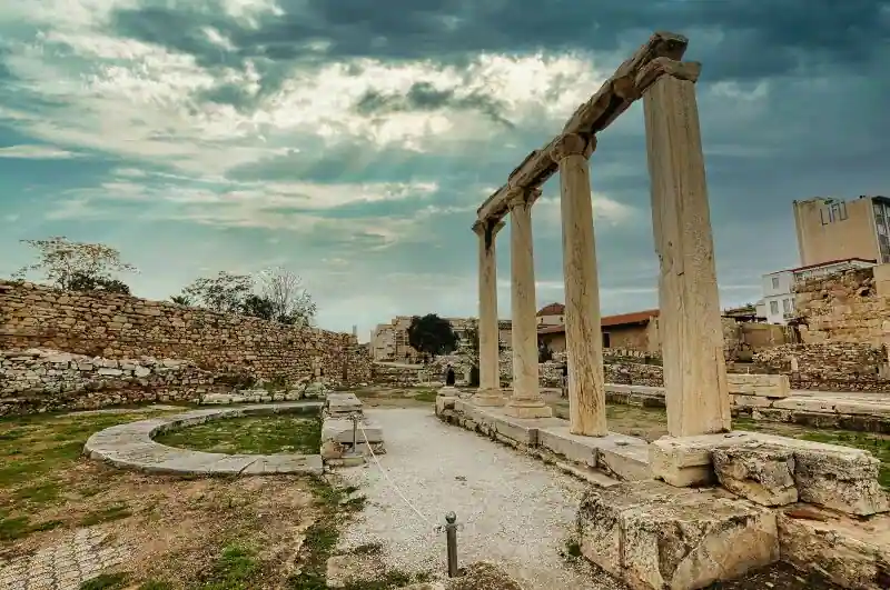 Hadrian's Library Athens columns curved foundation Roman ruins archaeological site Greece historic landmark