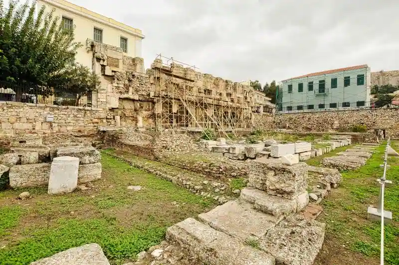 Hadrian's Library Athens restoration ruins scaffolding Roman site Greece archaeological remains