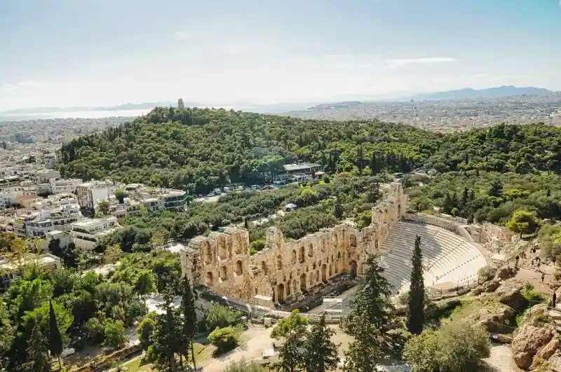 Odeon of Herodes Atticus aerial view Athens greenery Acropolis theatre Greece historic site