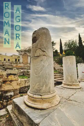 Ancient marble column ruins in the Roman Agora of Athens archaeological site