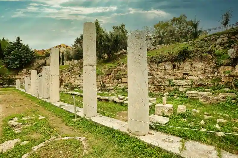 Roman Agora Athens column row ruins ancient Greek marketplace archaeological site Greece