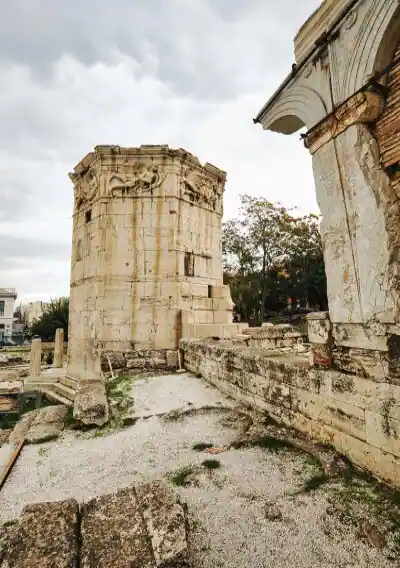 Tower of the Winds beside the ruins of the Roman Agora in Athens archaeological site