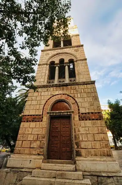 Russian Church of Sotira Lykodimou bell tower entrance Athens Greece Byzantine architecture stone facade