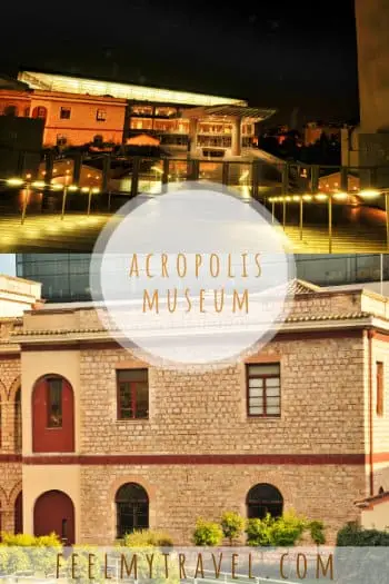 Acropolis Museum in Athens lit up at night with a neoclassical building in the foreground