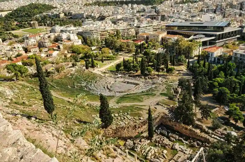 Aerial view from the Acropolis hill showing the Theatre of Dionysus and the Acropolis Museum in Athens