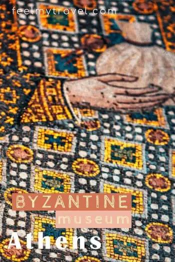 close-up of a Byzantine mosaic with golden, orange, and white tiles showing clasped hands, used as a Pinterest pin for the Byzantine Museum Athens article on feelmytravel.com