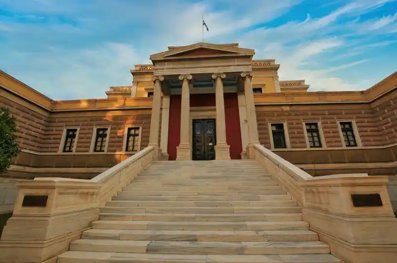 National Historical Museum of Athens neoclassical facade with marble staircase and columned entrance on Stadiou Street