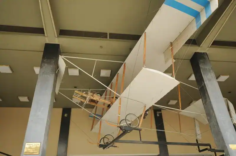 Replica of the Henry Farman III biplane hanging inside the War Museum in Athens, the first military aircraft used by Greece