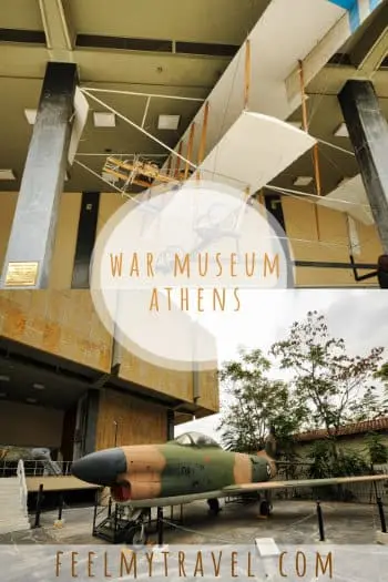 War Museum Athens Pinterest pin showing the Henry Farman biplane replica and a fighter jet in the outdoor courtyard of the museum