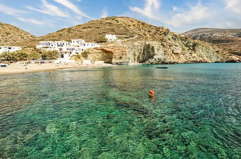 Agali beach folegandros island with crystal clear water and whitewashed houses