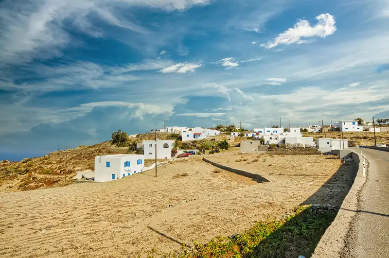 Ano Meria village folegandros with scattered whitewashed houses on the hillside