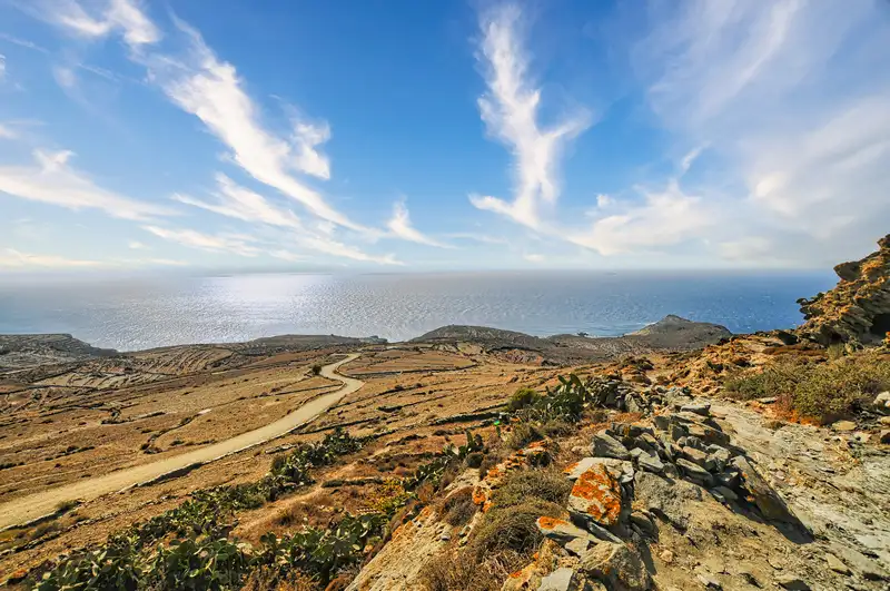 Folegandros island view of rugged landscape, winding path, and open sea