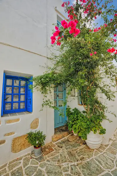 Traditional house in Kastro Folegandros with blue shutters and pink bougainvillea