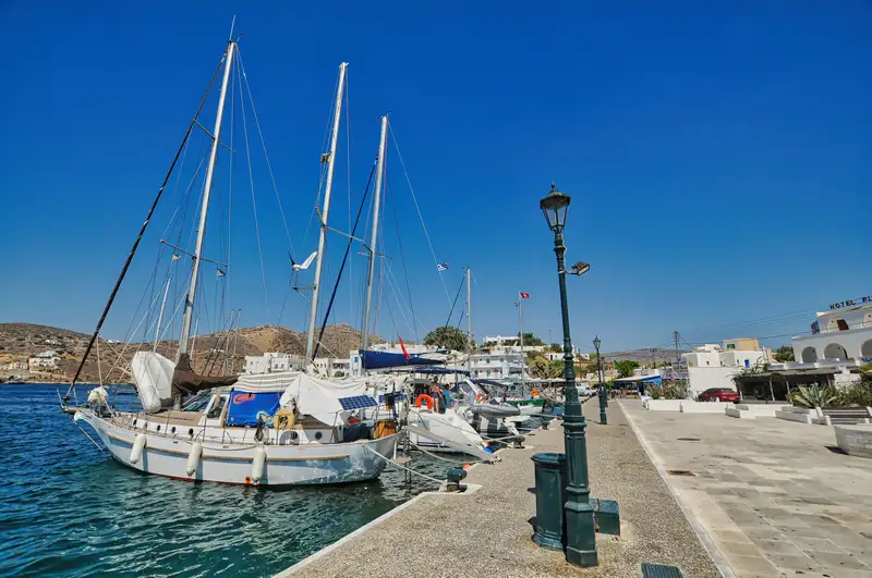 lboats moored at the port of Ormos in Ios, the main harbour of the island