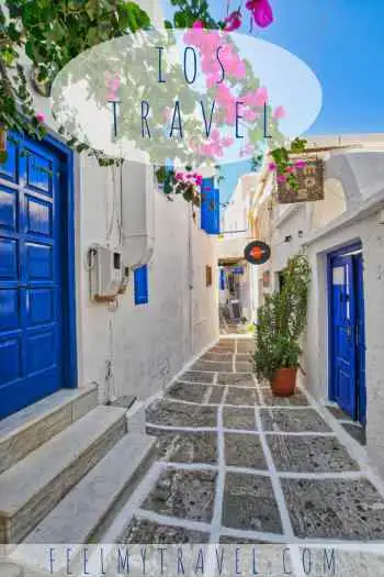 Branded Ios travel feature image with a Cycladic alley in Chora