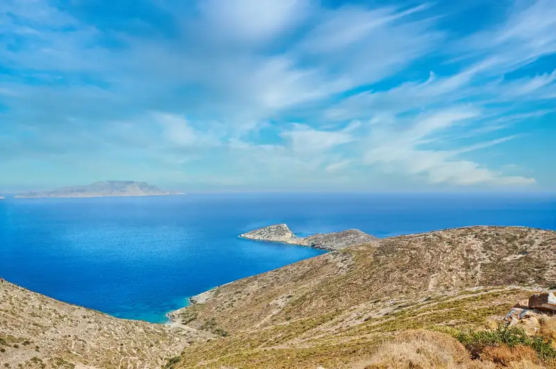 Aegean view from a hilltop on Ios, with nearby Cycladic islands