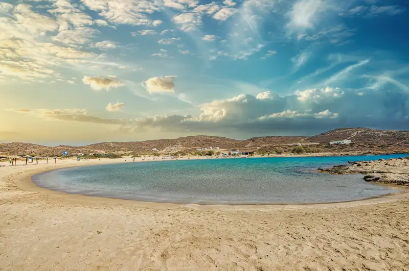 Manganari beach on Ios island, with turquoise water and soft sand on the southern coast