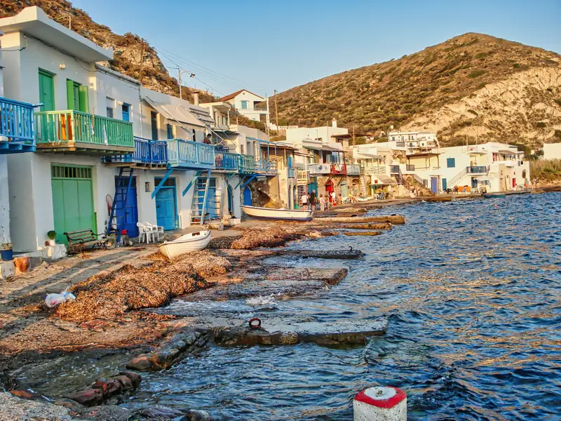 Klima village on Milos, with colourful boat houses at the waterline