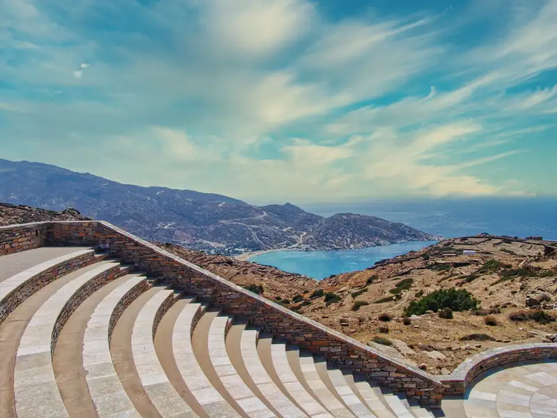 The Odysseas Elytis amphitheatre on Ios, with sea views from the upper rows