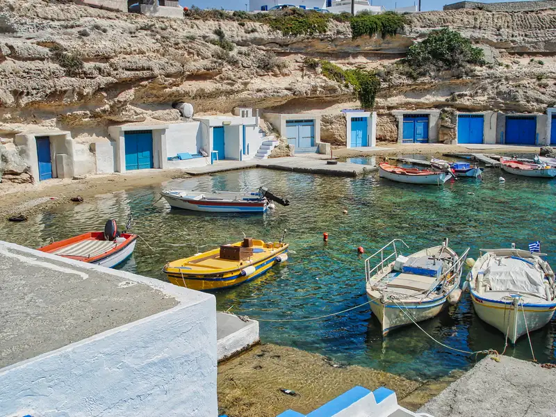 The small harbor of Mandrakia village with colorful fishing boats