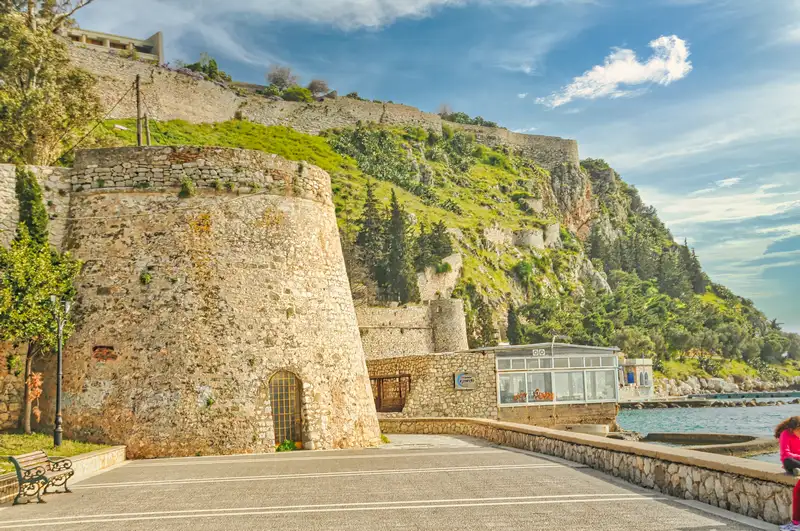Akronafplia fortress walls and stone tower above the old town of Nafplio