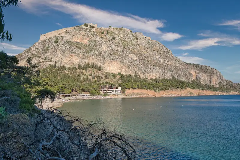 Karathona beach near Nafplio with the rock of Palamidi rising above
